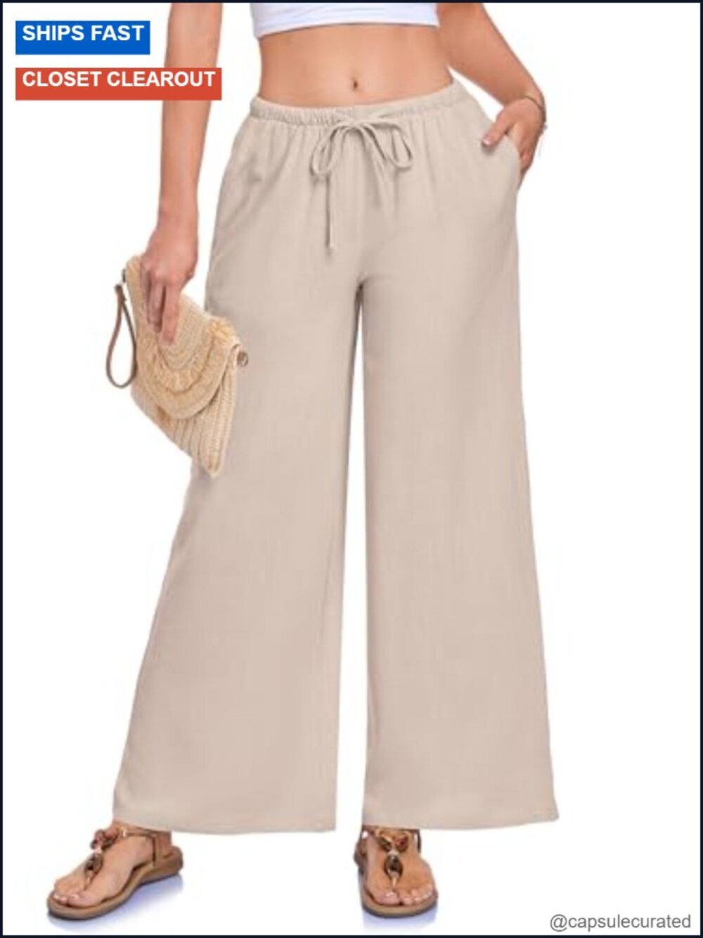 Women's Linen Pants Wide Leg Palazzo with Pockets Elastic Waist